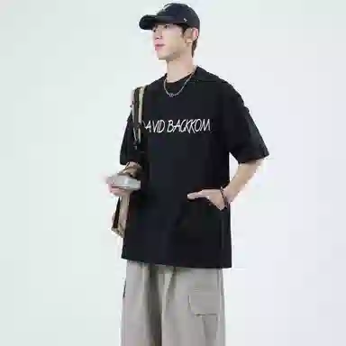 大卫贝肯 美式复古手写字母印花图案重磅双面棉多层次结构款多袋短袖山本斜弯刀褶皱伞兵裤休闲运动套装 男女同款