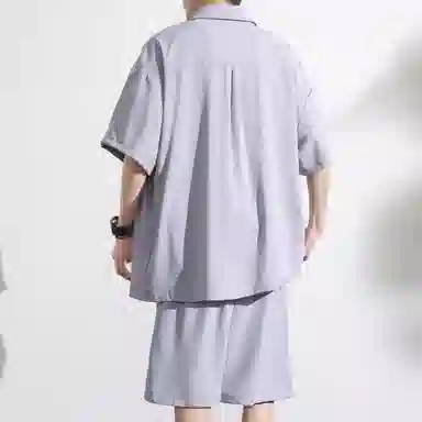 大卫贝肯 美式复古简约纯色宽松透气高级感痞帅垂感短袖上衣休闲字母休闲短裤衬衫套装 男女同款