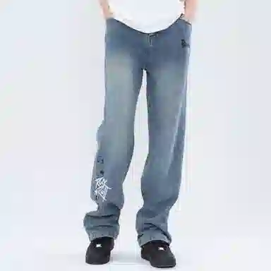 大卫贝肯 做旧字母印花涂鸦中腰拉链百搭直筒牛仔裤 男女同款