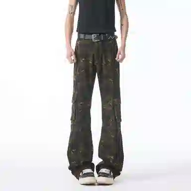大卫贝肯 美式复古嘻哈高街多口袋拼接条纹高级感设计休闲宽松垂感时尚痞帅潮流舒适百搭无性别主义微喇工装裤 男女同款 迷彩