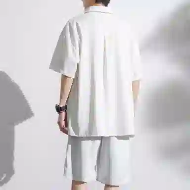 大卫贝肯 美式复古简约纯色宽松透气高级感痞帅垂感短袖上衣休闲字母休闲短裤衬衫套装 男女同款