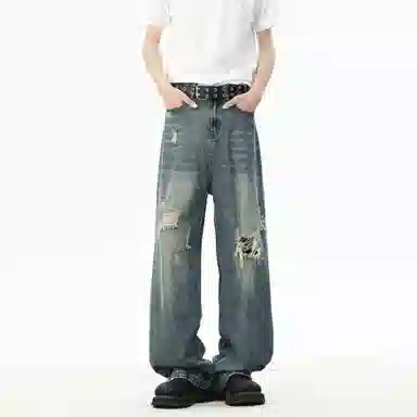 大卫贝肯 美式复古高街风水洗磨破设计舒适亲肤透气直筒长裤通勤百搭垂感休闲中腰宽松破洞牛仔裤 男女同款