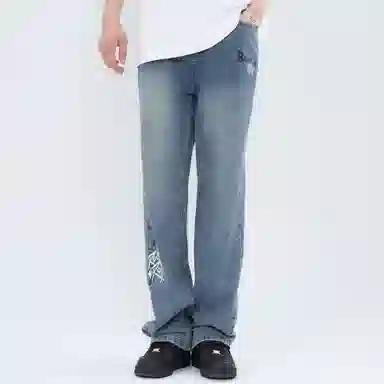 大卫贝肯 做旧字母印花涂鸦中腰拉链百搭直筒牛仔裤 男女同款