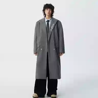 大卫贝肯 美式高街简约基础中长款英伦高级感品牌签名印花铆钉设计痞帅纯色潮牌休闲宽松通勤百搭外套大衣 男女同款