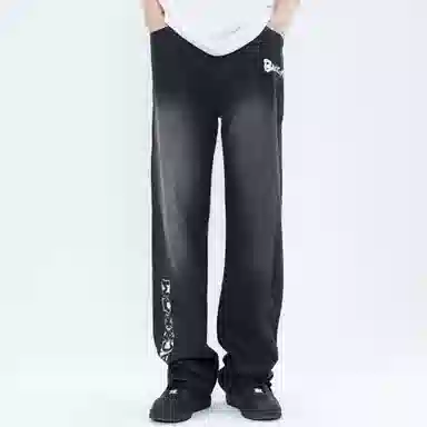 大卫贝肯 做旧字母印花涂鸦中腰拉链百搭直筒牛仔裤 男女同款