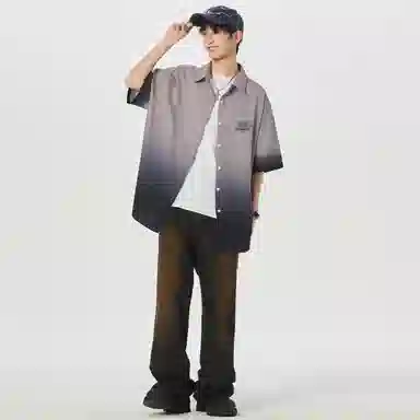 大卫贝肯 美式复古字母设计宽松休闲纯色百搭渐变透气垂感落肩短袖衬衫 男女同款