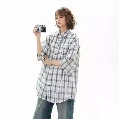 大卫贝肯 韩版复古格子基础款时尚休闲学院风小众褶皱设计随性慵懒感无性别主义宽松百搭轻薄凉爽透气日常通勤翻领短袖衬衫 男女同款