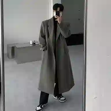 大卫贝肯 简约复古休闲英伦风街头基础百搭经典款韩版宽松百搭褶皱设计感长款过膝呢子翻领保暖大衣 男女同款