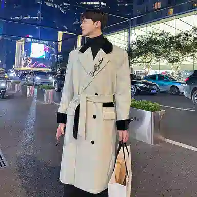 大卫贝肯 韩系经典纯色大口袋高级感签名印花百搭英伦风飘带中长款潮流痞帅加厚保暖毛呢休闲大衣 男女同款