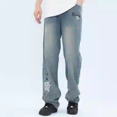 大卫贝肯 做旧字母印花涂鸦中腰拉链百搭直筒牛仔裤 男女同款