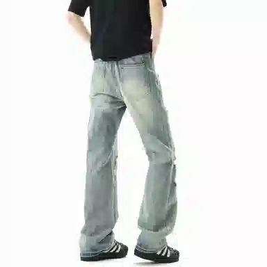 大卫贝肯 美式复古高街风水洗做旧重工破洞长裤舒适日常通勤时尚街头小众高级感痞帅百搭宽松直筒微喇牛仔裤 男女同款