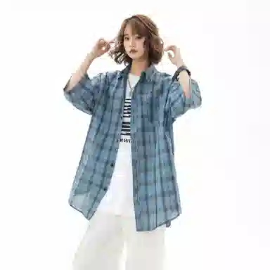 大卫贝肯 韩版复古格子基础款时尚休闲学院风小众褶皱设计随性慵懒感无性别主义宽松百搭轻薄凉爽透气日常通勤翻领短袖衬衫 男女同款