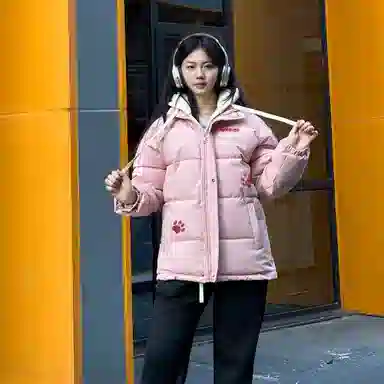 大卫贝肯 美式复古假两件趣味卡通爪印字母印花连帽保暖宽松纯色面包棉服垂感加绒加厚长裤休闲运动套装 男女同款