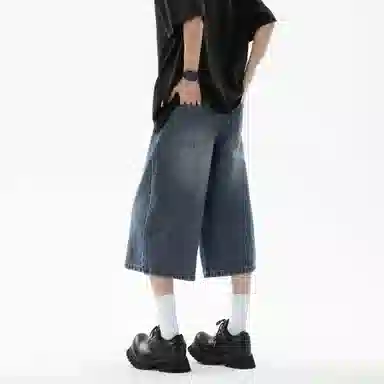 大卫贝肯 美式复古高街基础款纯色做旧宽松通勤高级感百搭潮流简约直筒七分牛仔短裤 男女同款