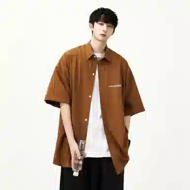 大卫贝肯 潮牌美式高级感重叠撞色字母小众设计时尚基础款纯色简约复古休闲运动百搭透气冰丝宽松翻领单排扣冰感短袖衬衫 男女同款
