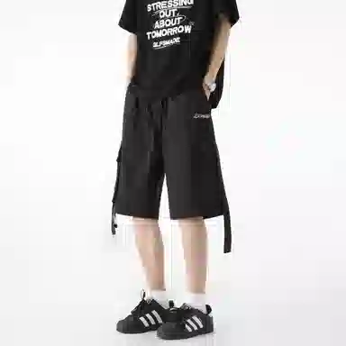 大卫贝肯 美式复古高街百搭绣花刺绣字母休闲潮流宽松腰部可调节抽绳两侧大口袋飘带设计个性五分工装短裤 男女同款