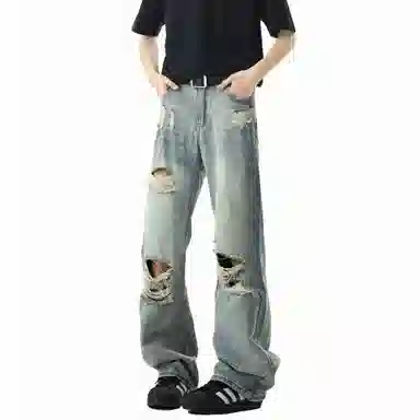 大卫贝肯 美式复古高街风水洗做旧重工破洞长裤舒适日常通勤时尚街头小众高级感痞帅百搭宽松直筒微喇牛仔裤 男女同款