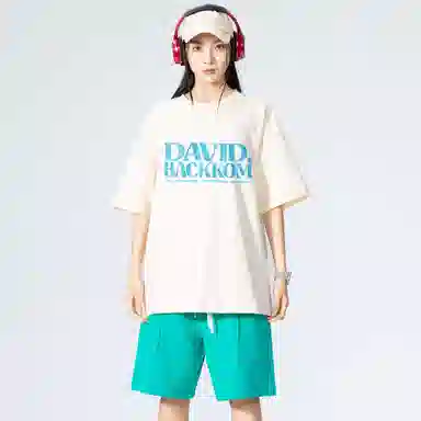 大卫贝肯 ×贝肯熊 联名款 幸运四叶草打碎字母印花透气圆领短袖手写撞色工装五分裤休闲运动套装 男女同款