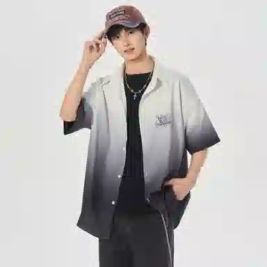 大卫贝肯 美式复古字母设计宽松休闲纯色百搭渐变透气垂感落肩短袖衬衫 男女同款