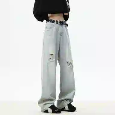 大卫贝肯 美式复古高街风水洗磨破设计舒适亲肤透气直筒长裤通勤百搭垂感休闲中腰宽松破洞牛仔裤 男女同款