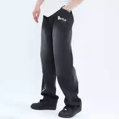 大卫贝肯 做旧字母印花涂鸦中腰拉链百搭直筒牛仔裤 男女同款