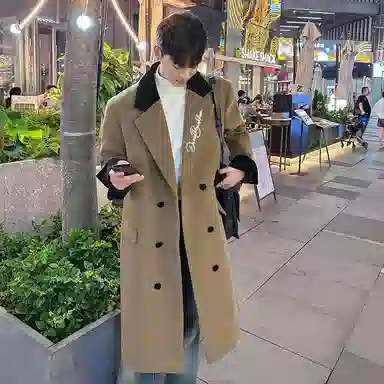 大卫贝肯 韩系经典纯色大口袋高级感签名印花百搭英伦风飘带中长款潮流痞帅加厚保暖毛呢休闲大衣 男女同款