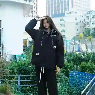 大卫贝肯 美式复古假两件趣味卡通爪印字母印花连帽保暖宽松纯色面包棉服垂感加绒加厚长裤休闲运动套装 男女同款