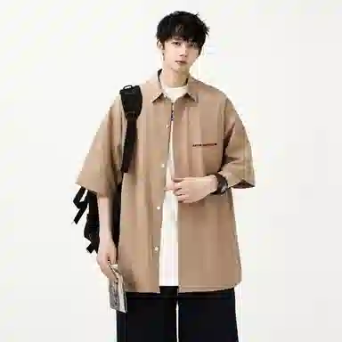 大卫贝肯 潮牌美式高级感重叠撞色字母小众设计时尚基础款纯色简约复古休闲运动百搭透气冰丝宽松翻领单排扣冰感短袖衬衫 男女同款