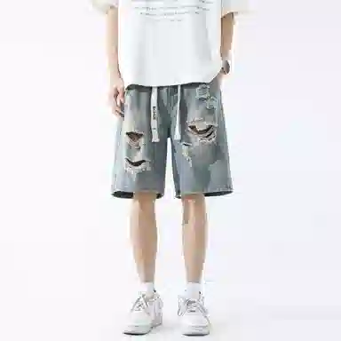 大卫贝肯 美式高街破洞水洗字母松紧腰抽绳宽松直筒休闲五分牛仔短裤 男女同款