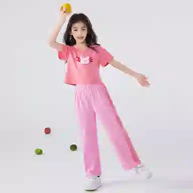 唐狮童装 圆领字母卡通动漫休闲运动套装 儿童款 桃色