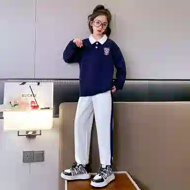 唐狮童装 简约字母套头长袖上衣松紧腰束脚长裤休闲运动套装 儿童款 藏青色