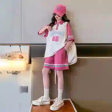 儿童款 唐狮童装 字母数字印花套头插肩短袖上衣松紧腰宽松短裤休闲运动套装 桃色