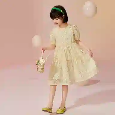 唐狮童装 简约圆领套头休闲短袖儿童连衣裙 儿童款 浅黄色