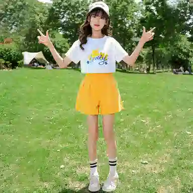 儿童款 唐狮童装 舒适青春短袖短裙休闲运动套装 白色