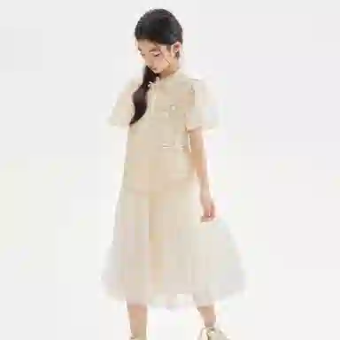 大童 唐狮童装 立领斜襟纯色舒适简约短袖裙装套装 杏色