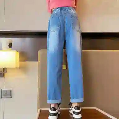 唐狮童装 水洗蝴蝶刺绣松紧腰直筒牛仔裤 儿童款 中牛仔蓝