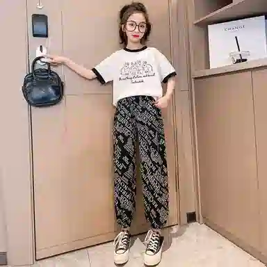 唐狮童装 小兔子图案圆领套头短袖上衣字母松紧腰长裤休闲运动套装 儿童款 白色