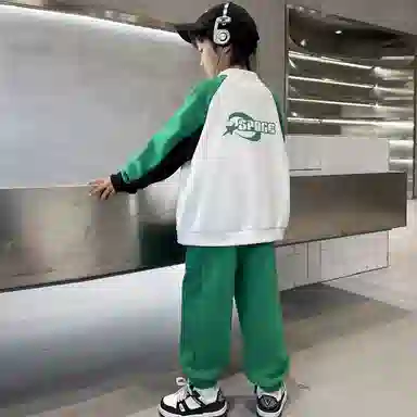 唐狮童装 简约字母拉链长袖上衣松紧腰长裤休闲运动套装 儿童款 绿色