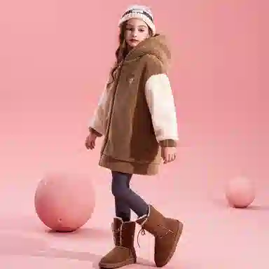 唐狮童装 卡通字母加绒加厚连帽中长款休闲长袖绒感外套 儿童款 棕色