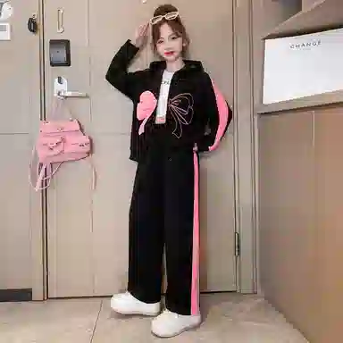 唐狮童装 蝴蝶结图案连帽插肩长袖上衣松紧腰直筒长裤休闲运动套装 儿童款 黑色