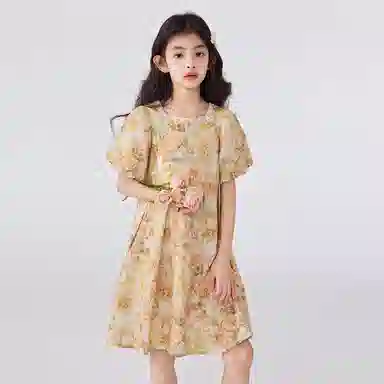 唐狮童装 方领碎花舒适短袖儿童连衣裙 儿童款 浅黄色