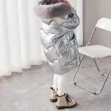 唐狮童装 反光中长款连帽加厚保暖休闲长袖羽绒服 儿童款 银色