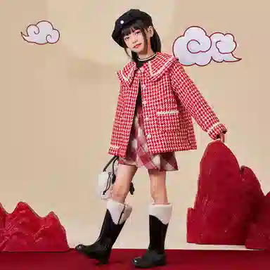 儿童款 唐狮童装 加绒加厚娃娃领单排扣保暖休闲长袖棉服 红色