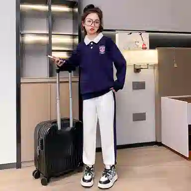 唐狮童装 简约字母套头长袖上衣松紧腰束脚长裤休闲运动套装 儿童款 藏青色