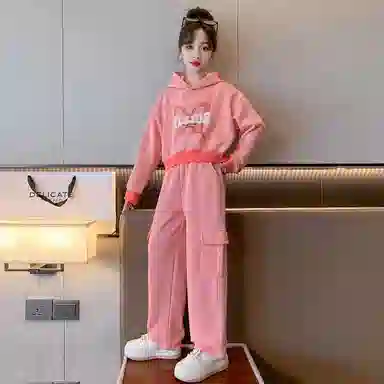 唐狮童装 简约字母蝴蝶连帽卫衣松紧腰口袋长裤休闲运动套装 儿童款 桃色