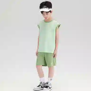 大童 唐狮童装 简约字母印花圆领套头无袖上衣松紧腰舒适短裤休闲运动套装 浅绿色