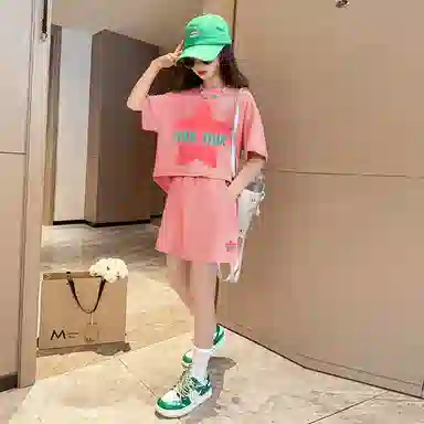 唐狮童装 字母星星图案圆领短袖上衣松紧腰短裤休闲运动套装 儿童款 粉红色