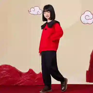 唐狮童装 翻领套头加绒加厚长袖卫衣纯色松紧腰束脚长裤休闲运动套装 儿童款 红色