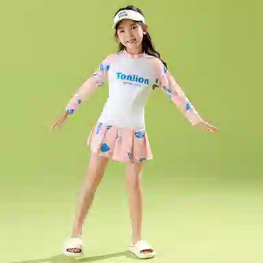 儿童款唐狮童装 简约字母印花套头长袖上衣松紧腰半身裙儿童泳装 粉红色