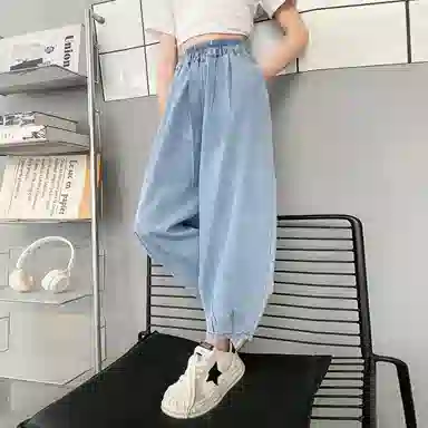 唐狮童装 纯色松紧中腰水洗休闲牛仔裤 儿童款 亮钢蓝